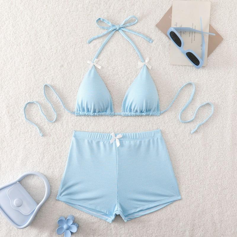 

Pure Desire Backless Boxer Bikini Bow Swimsuit Split Small Fresh Printed L синий