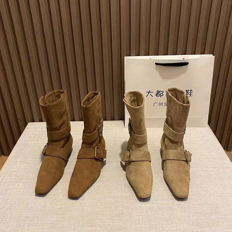 Sheepskin version! British style short boots women's new belt buckle retro versatile small square head bare boots in autumn and winter 2025