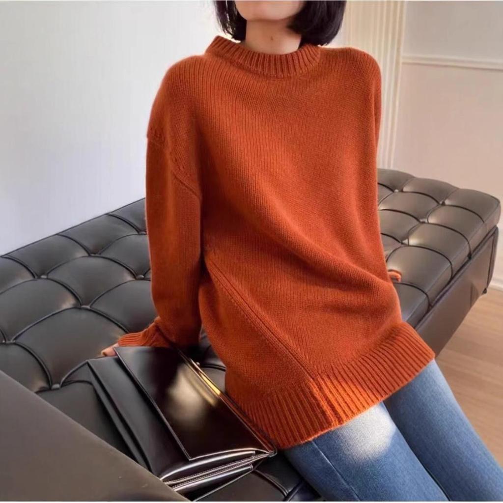 Women's 100% Wool Thick Loose Round Neck Plus Size Knit Sweater