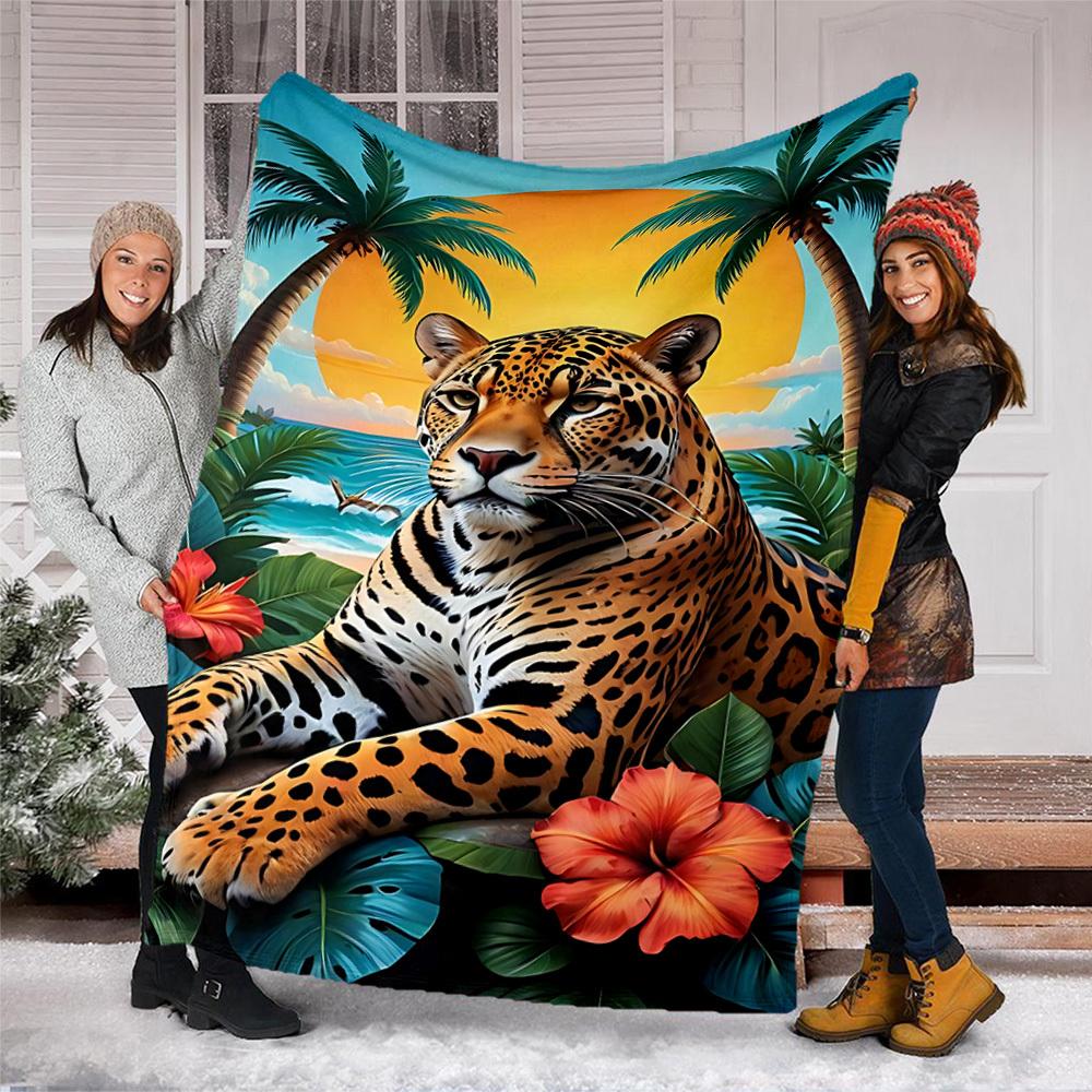 1pc Tropical Leopard Print Print Outdoor Blanket, Lightweight Polyester,