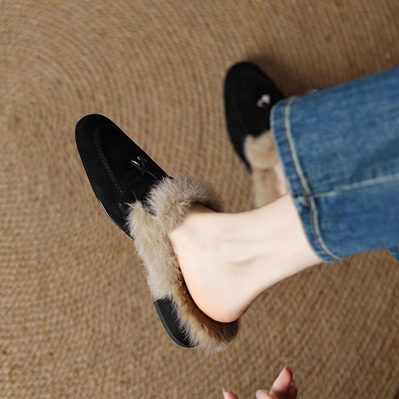 Mote NYE Vintersko Sauesemsket Skinnsko Dame Rund Tå Lav Hæl Skotrekk Tå Slingback Dame Mules Kaninhår Tøfler