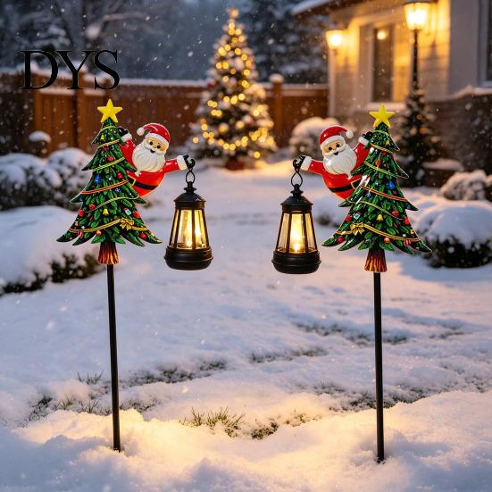 Wireless Pathway Solar Lights 2Pcs Santa Garden Stake Lights, Christmas Lawn Holiday Gifts for Lovers Decor with Metal Lantern, Waterproof Outdoor