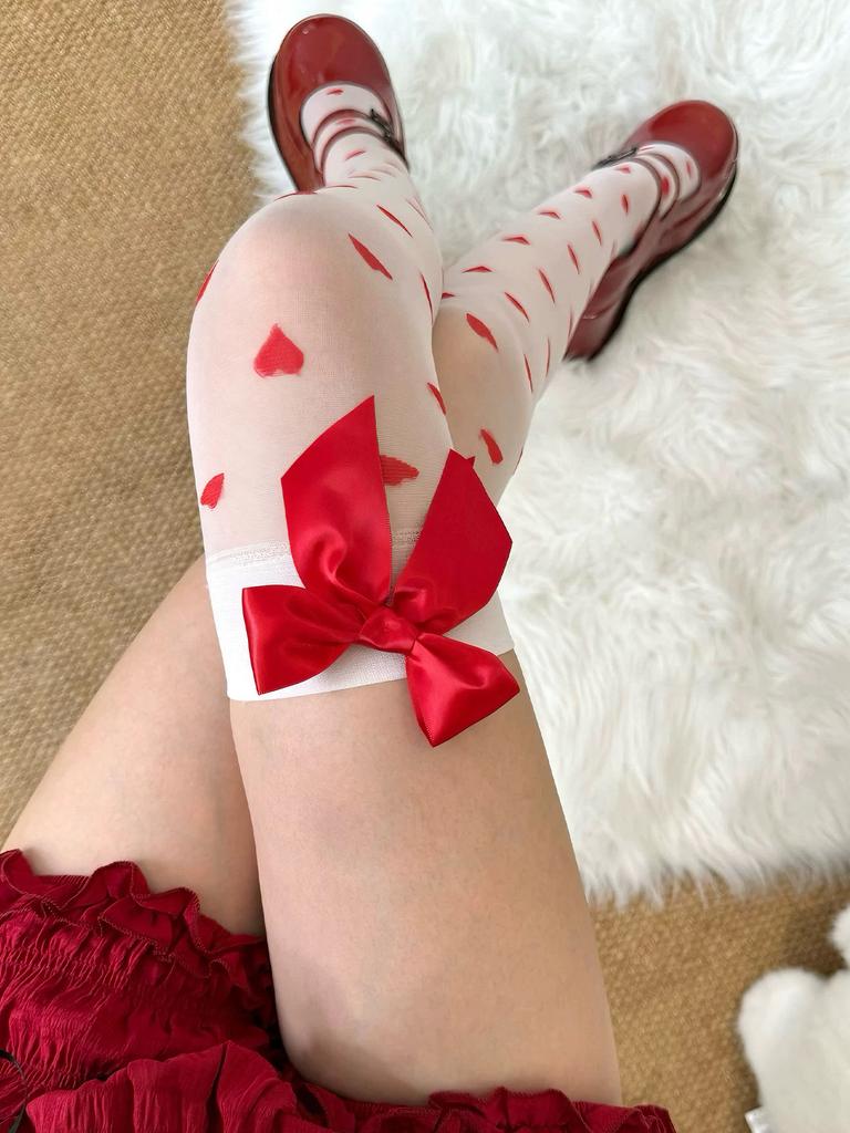 1 Pc Valentine'S Day Women'S Sweet Heart Print Thigh-High Socks, Red Bow Accent Cute Cozy Stockings, Perfect For Romantic Dates
