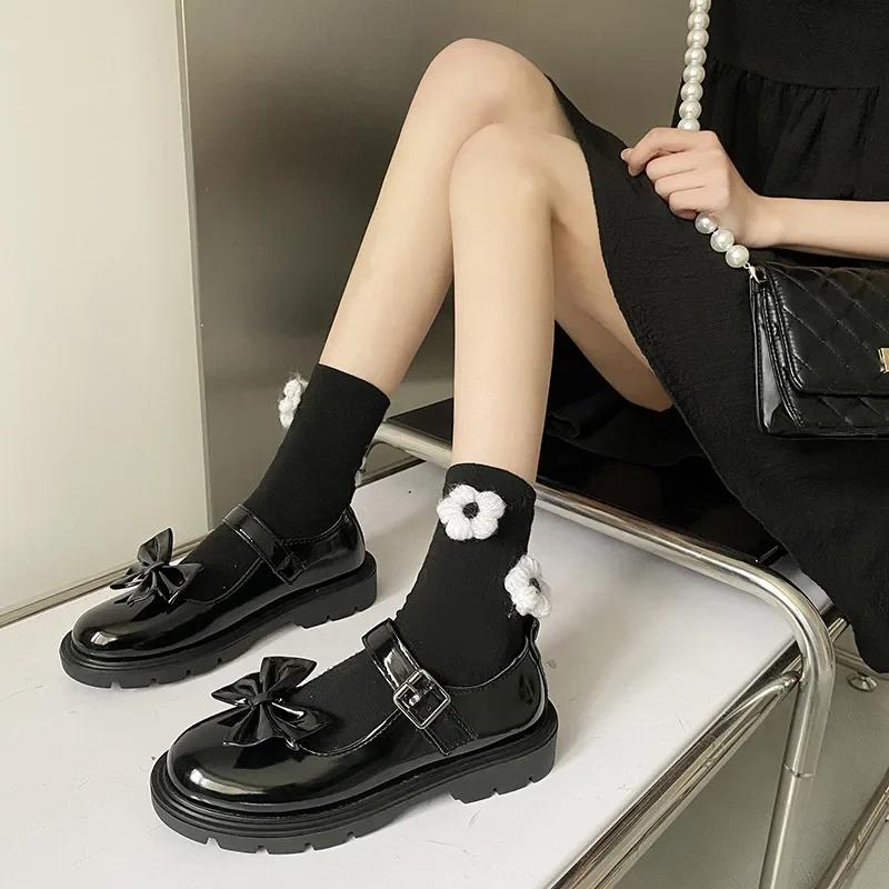 Japanese Style StudentSweetbow Black Flat Shoes Round Toe Shallow Sole One-Character Buckle Low Heel Mary Jane Shoes