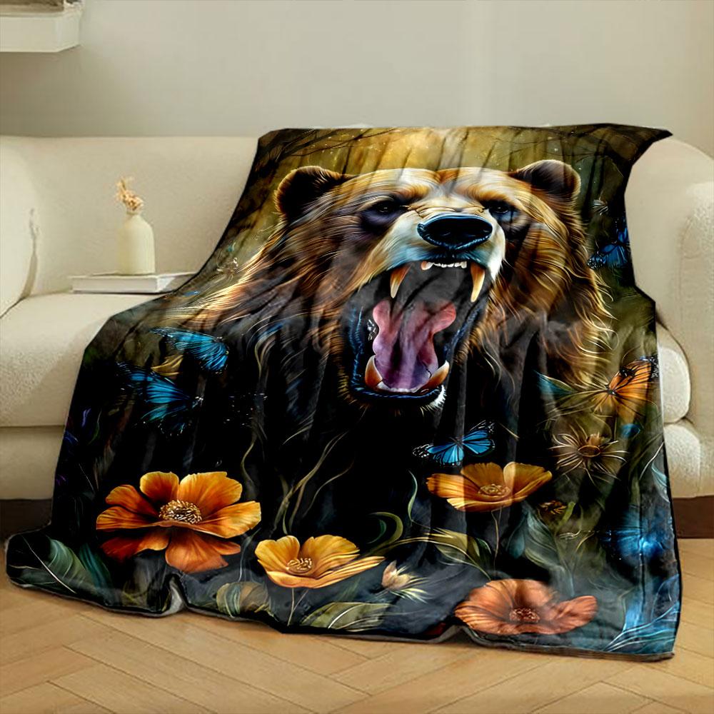 Roaring Bear Floral Butterfly Blanket bedroom Blanket for Livingroom Couch lunch break Soft throw for Friend's festival Gift