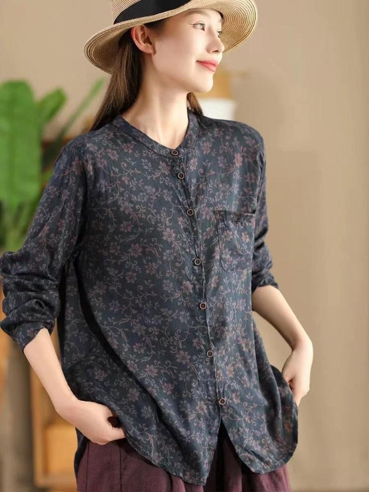 Vintage Floral Print Chinese Style Shirt Loose Long Sleeves Single Breasted Autumn Fashion Women Blouse