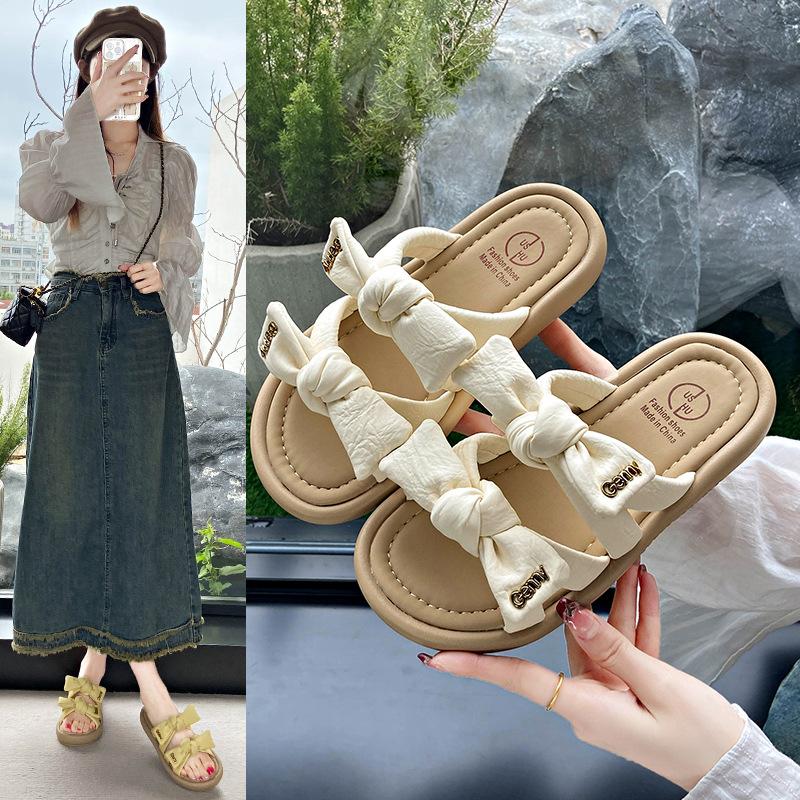 French Platform Slippers Women's Outer Wear 2025 Summer New with Skirt Versatile Fairy Style Bow Word Sandals