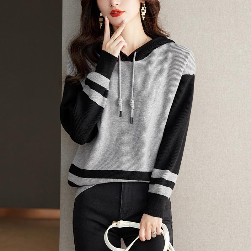 Hooded sweater women's loose knitted hoodie autumn new spring and autumn women's clothing high-end color matching top long sleeve