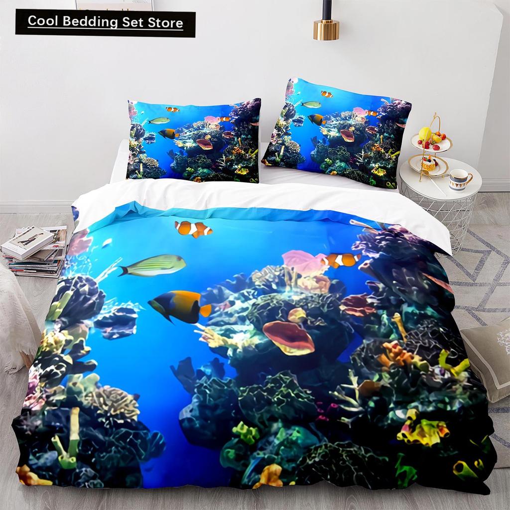 Underwater World King Queen Duvet Cover Cartoon Ocean Animal Bedding Set for Kids Fish Coral Sea Life Soft Polyester Quilt Cover