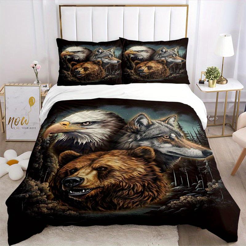3pcs Eagle Wolf Bear Bedding Set Down Comforter Cover and Pillowcases, Suitable for Guest Room Home Decoration All Seasons(No Insert) S0819023