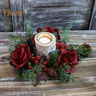Artificial Flower Candle Ring Wreath Handmade Plastic Crimson Rose Berries Candle Holder for Christmas Thanksgiving Home Party Table Decor