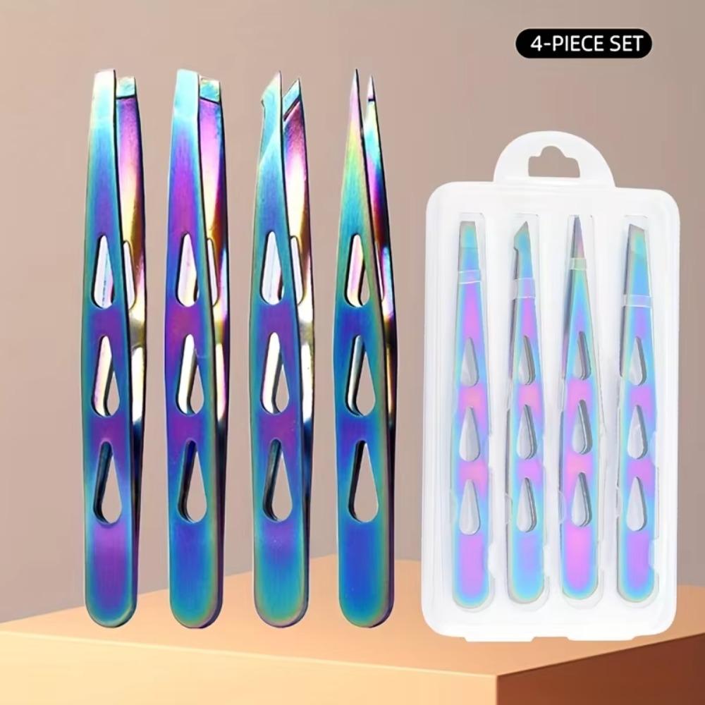 4PCS/Set Stainless Steel Eyebrow Tweezers Pointed Tip Multifunctional Eyelash Tweezers Oblique Mouth Portable