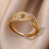 Zircon Chain Cross Rings For Women Vintage Gold Color Stainless Steel Geometric Open Ring Fashion Wedding Aesthetic Jewelry Gift