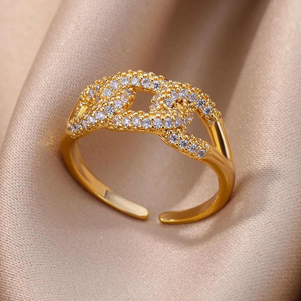 Zircon Chain Cross Rings For Women Vintage Gold Color Stainless Steel Geometric Open Ring Fashion Wedding Aesthetic Jewelry Gift