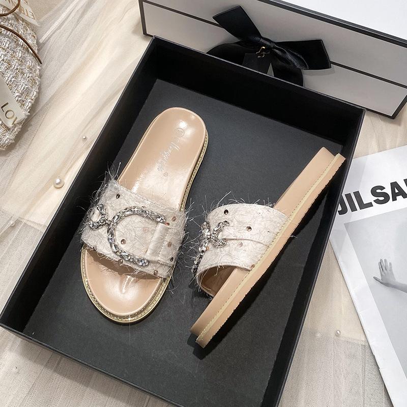 

Женские шлепанцы на толстой подошве, новые шлепанцы с одним ремешком и стразами, на плоской подошве, ленивые пляжные крутые шлепанцы 43