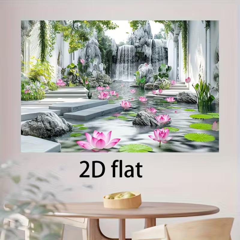 Elegante Chinesische Gartendekoration Seerosenteich mit Wasserfall, Grünpflanzen und Steintreppen Party Hintergrund Banner