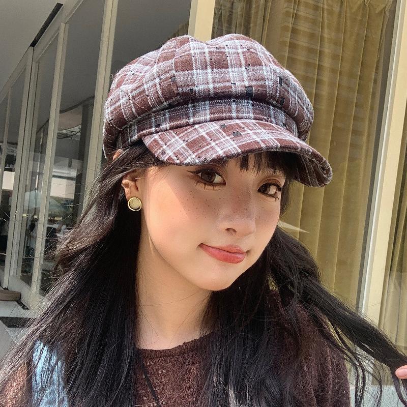 Plaid Octagonal Painter's Hat Women's Autumn and Winter Literary Retro Face Showing Small Cloud Hat Fashionable and Versatile Duck Beret