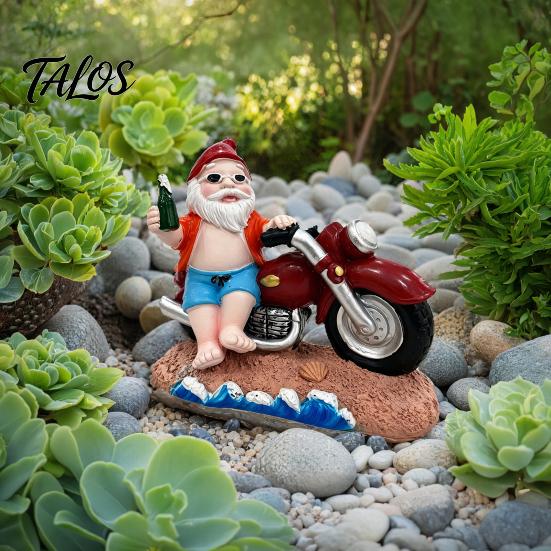 Beach Dwarf Decoration Funny Summer Santa Motorcycle Figurine with Beer, Resin Motorbike Gnome Environmentally Friendly Art Sculpture, Outdoor Garden