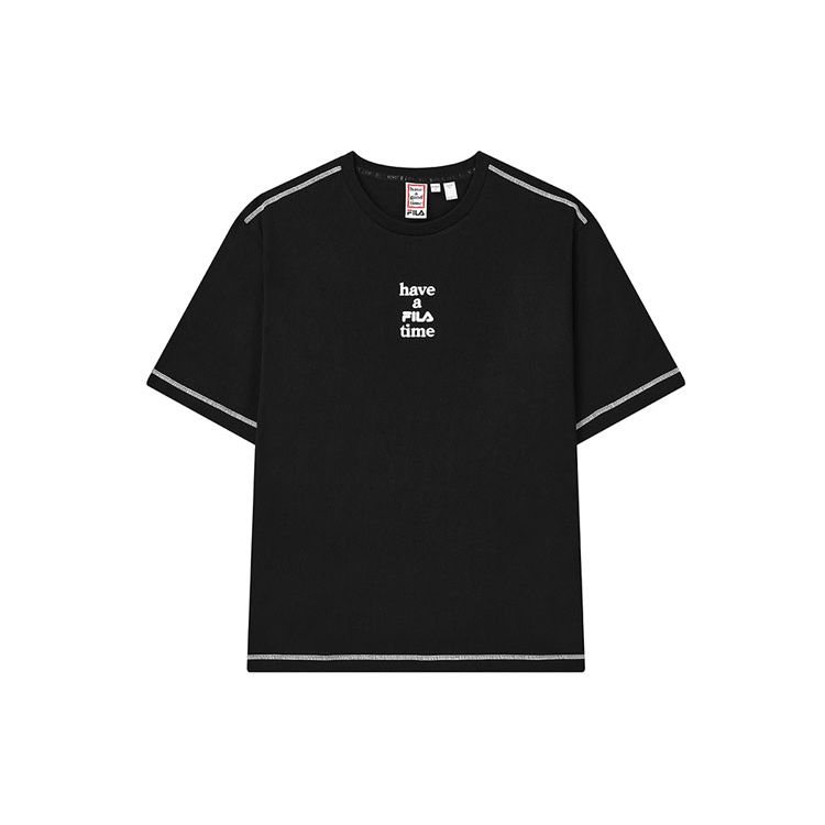 

FILA X HAGT Collaboration Loose Casual Sports Printed Embroidered Letter Short Sleeve Drop Shoulder T-Shirt Unisex Tops Black F11U229105F-BK L