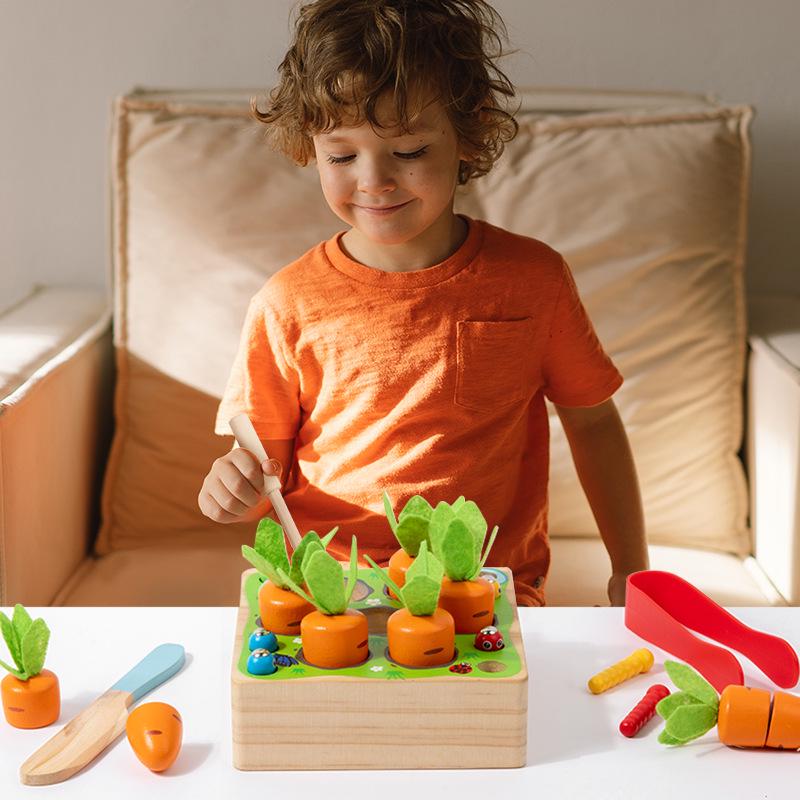 Montessori Toddler Puzzle: Four-in-One Fine Motor Skills Wooden Toy with Carrot Pulling and Cutting Fun