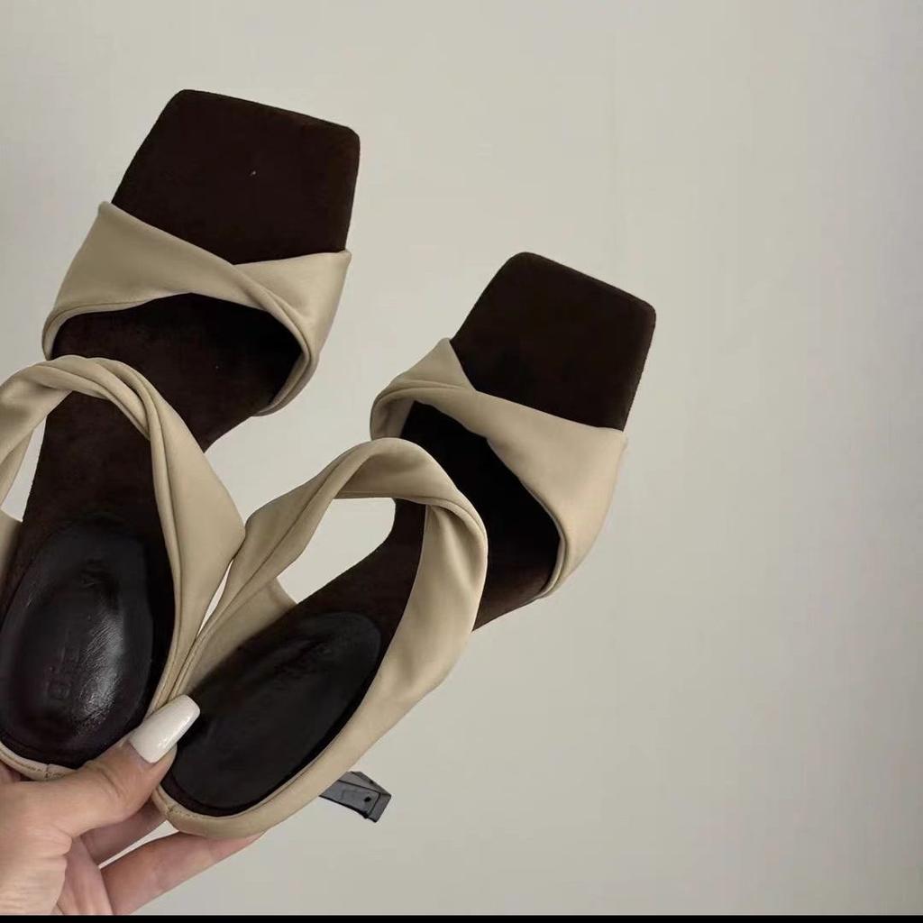 2025 New Summer Square Head One-word with Stiletto Half-drag Open-toed Women's Sandals