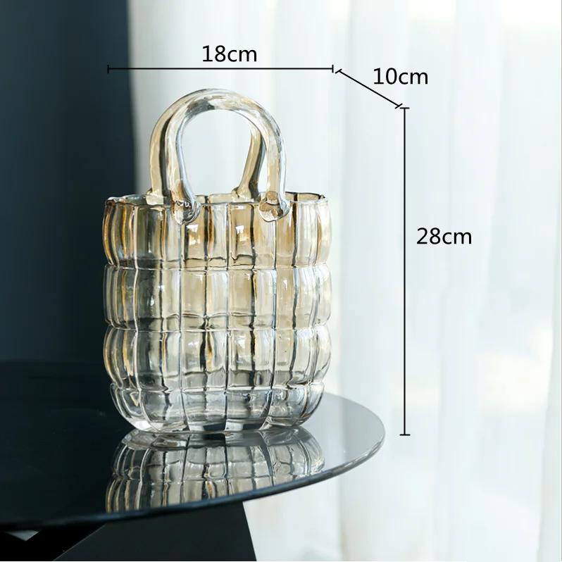 Clear Glass Vase Bag Handbag Basket Transparent Terrarium Flower Vase Floral Arrangement Accessories Living Room Decoration