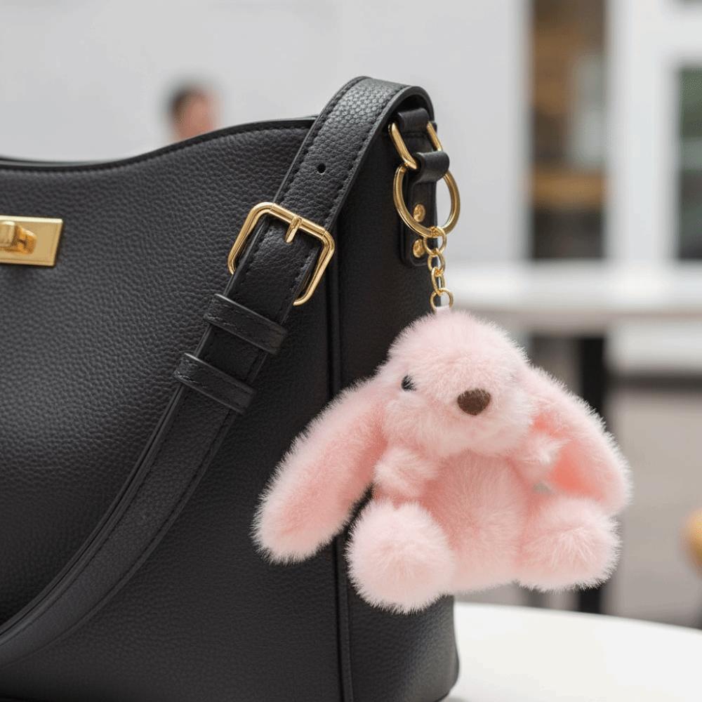 Fluffy Soft Rabbit Plush Pendant Metal Ring Rabbit Plush Key Ring Rabbit Fur Keychains  Women Girls