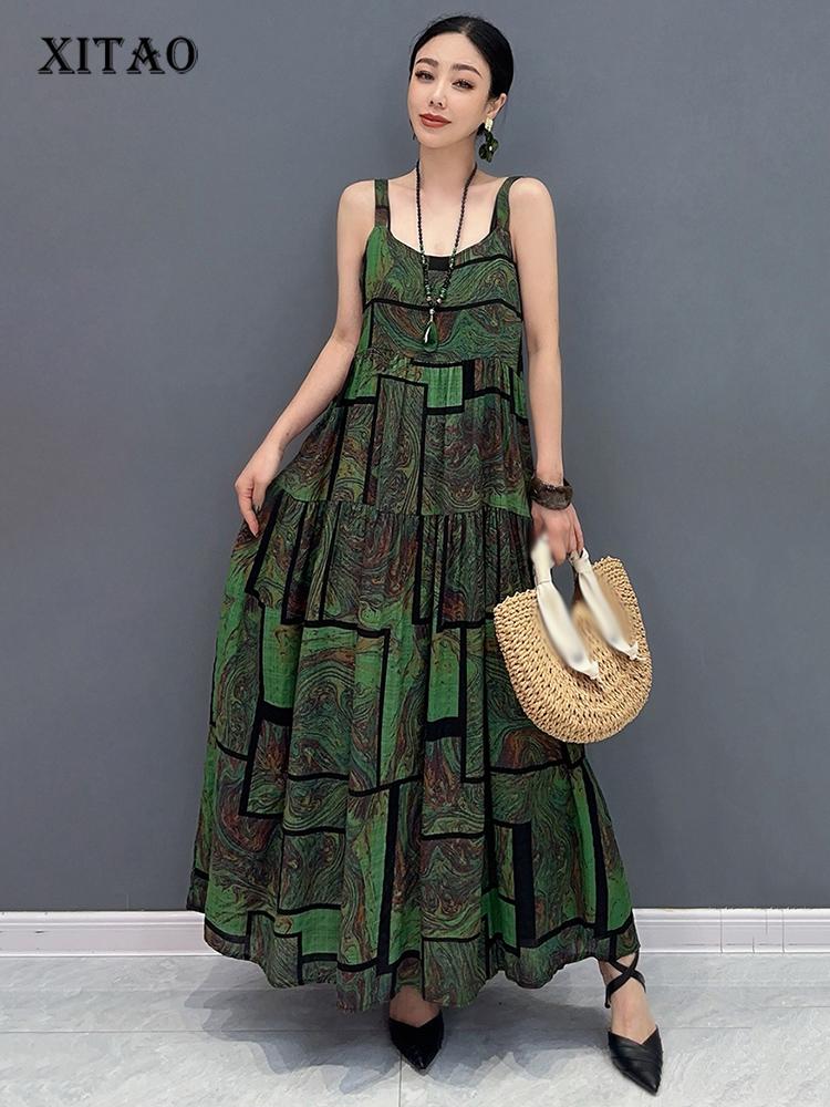 

XITAO свободное винтажное платье на бретельках с принтом, повседневное темпераментное универсальное женское летнее новое простое трендовое платье без рукавов GJ1064