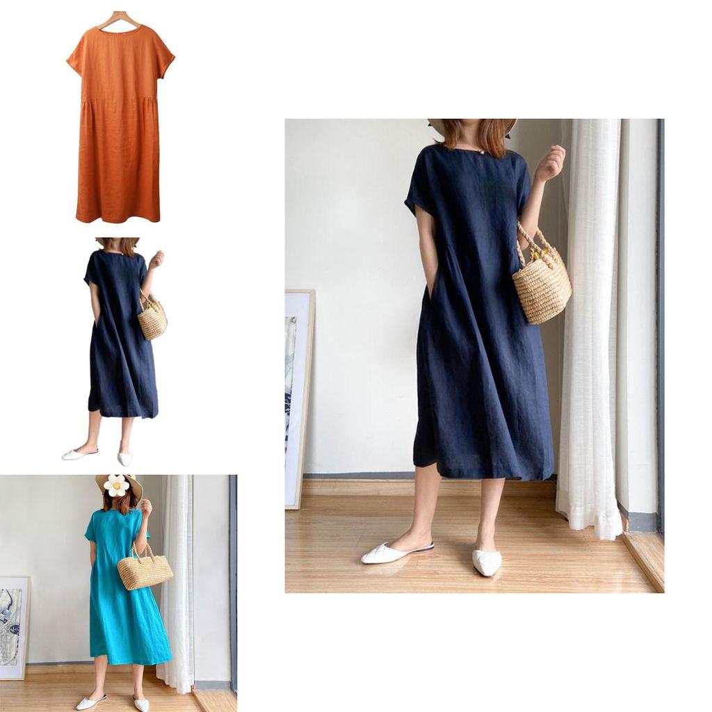 Luxurious Cotton Loose And Thin Dress For Women With Short Sleeves And Round Neck