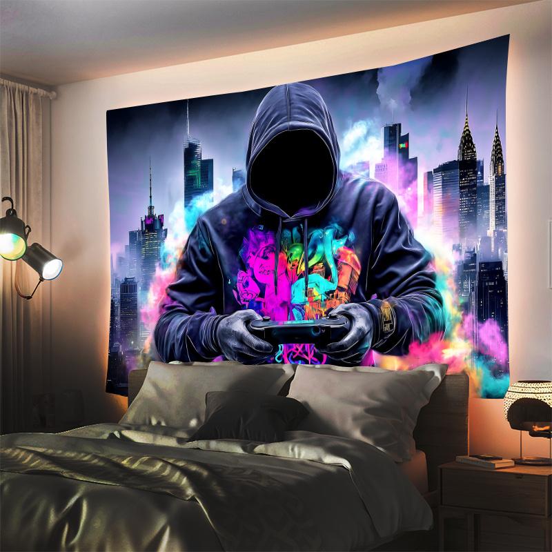 VIKAMA Cyberpunk Neon City Tapestry Colorful Game Controller Night Scene Esports Room Decoration Home Decoration