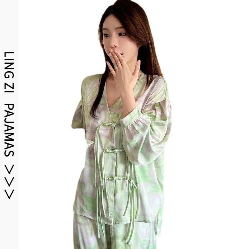 High-end Women's National Style Buckle Ice Silk Pajamas Long-sleeved Trousers Two-piece Cardigan Casual Loungewear Can Be Worn Outside