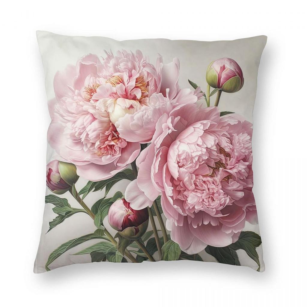 Pink Peonies Flower Square Pillowcase Polyester Linen Velvet Pattern Zip Decor Pillow Case Sofa Cushion Cover
