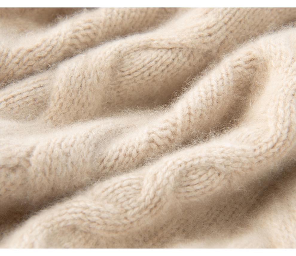 Women's Round Neck Cable Knit Cashmere Sweater - 2026 Autumn/Winter, Gentle Style, Solid Color, Thick and Warm Base Layer.