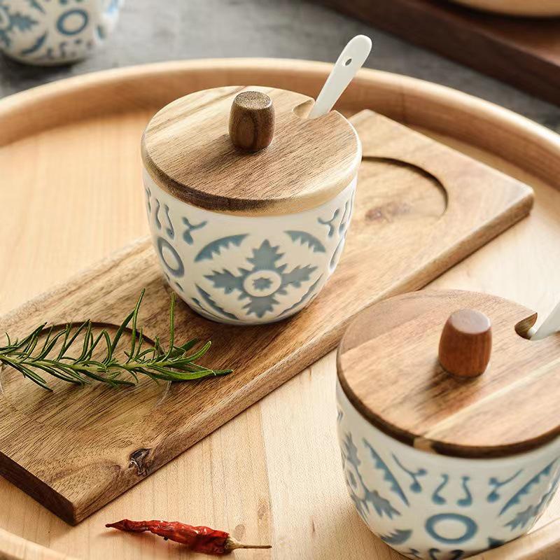 Japanese Seasoning Box Set: Three-Piece Embossed Ceramic Jars with Wooden Holder and Spoon