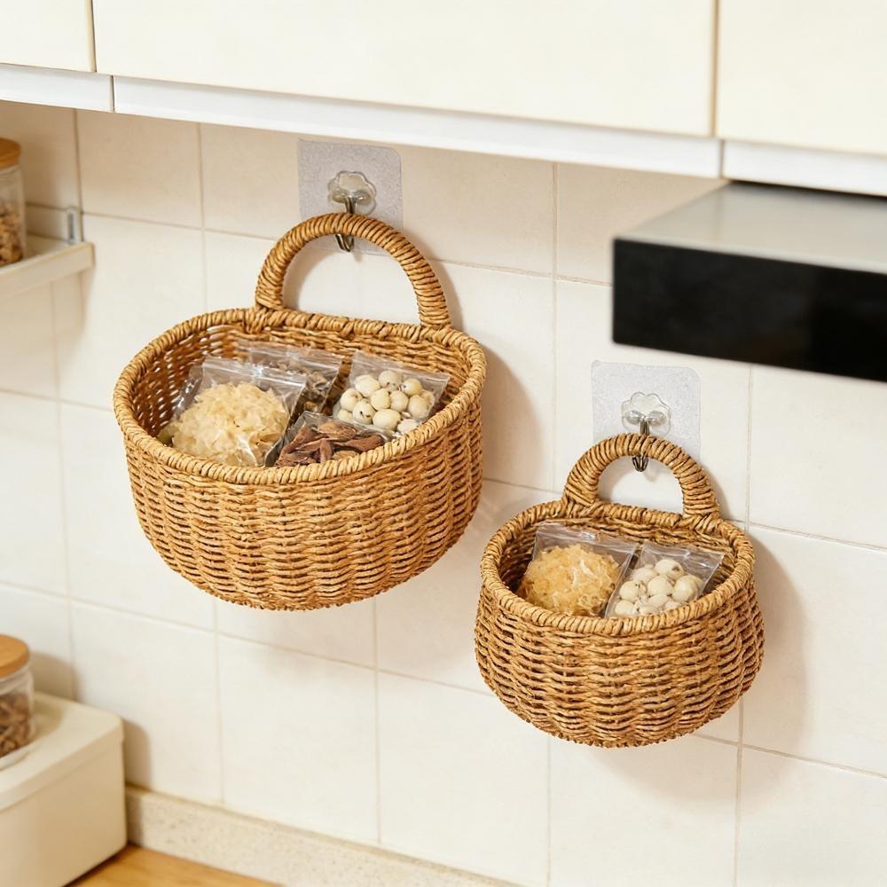 Handwoven Rattan Wall Hanging Basket - Wicker Storage Organizer for Kitchen, Bathroom & Home, Hanging Fruit Basket with Handle