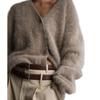 Plush Faux Mink V-Neck Knit Cardigan - Cozy Autumn/Winter Sweater Coat