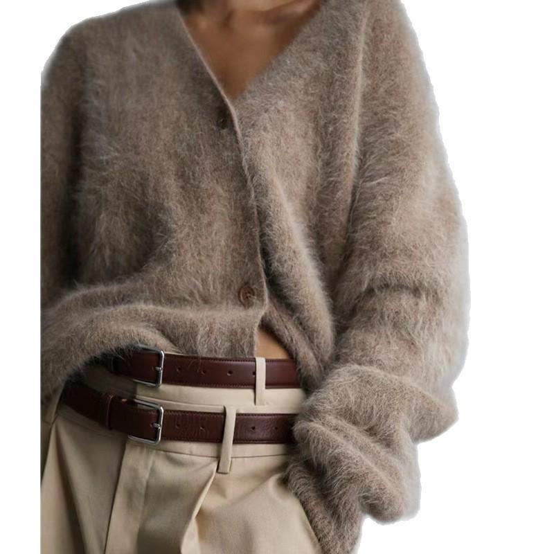 Plush Faux Mink V-Neck Knit Cardigan - Cozy Autumn/Winter Sweater Coat