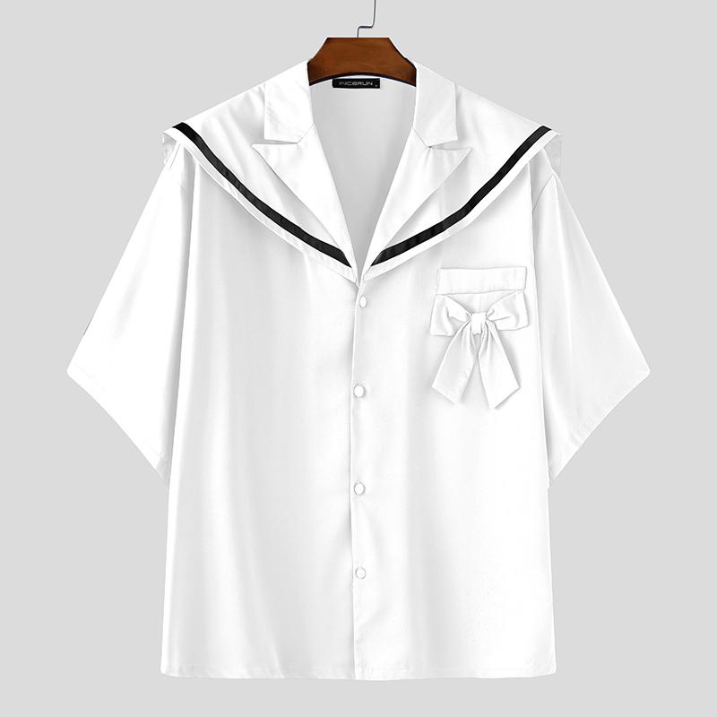 INCERUN Oversized Men Naval Collar Short Sleeve Stitching Casual Loose Shirts Tops