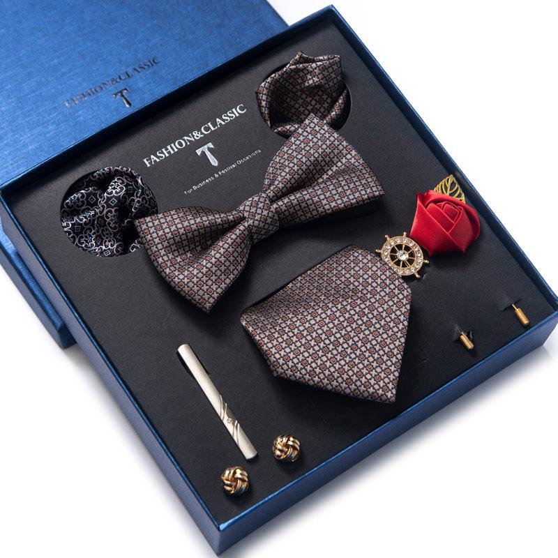 Men's 8-Piece Formal Accessory Set: Bow Tie, Corsage, Brooch, Cufflinks for Weddings.