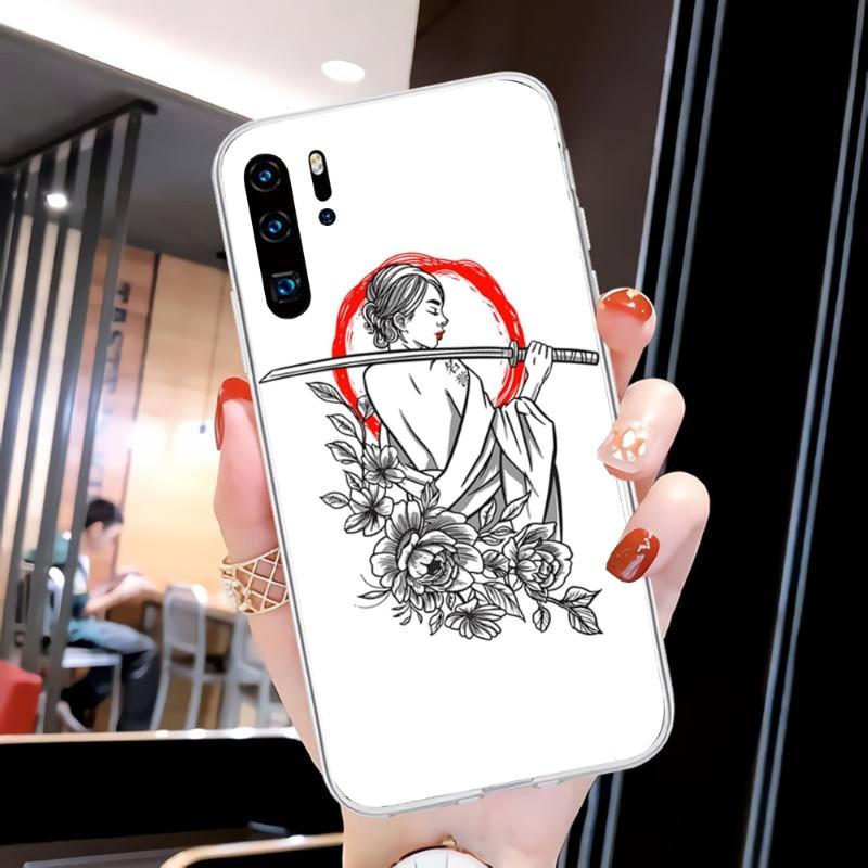 Custodia per telefono Samurai Gril da donna per Huawei P50 P40 P30 Pro Mate 40 30 Pro Nova 8 8i Y7P Honor Cover trasparente per telefono
