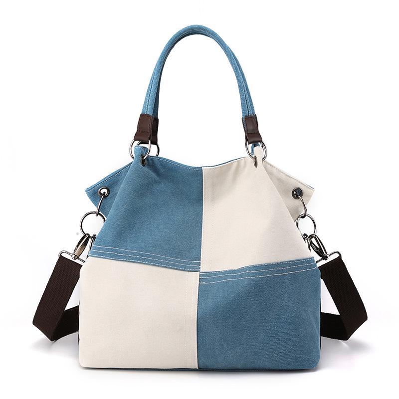 Trendy Women's Patchwork Canvas Tote and Crossbody Bag - Fashionable, Versatile, Color Block Design 2025.
