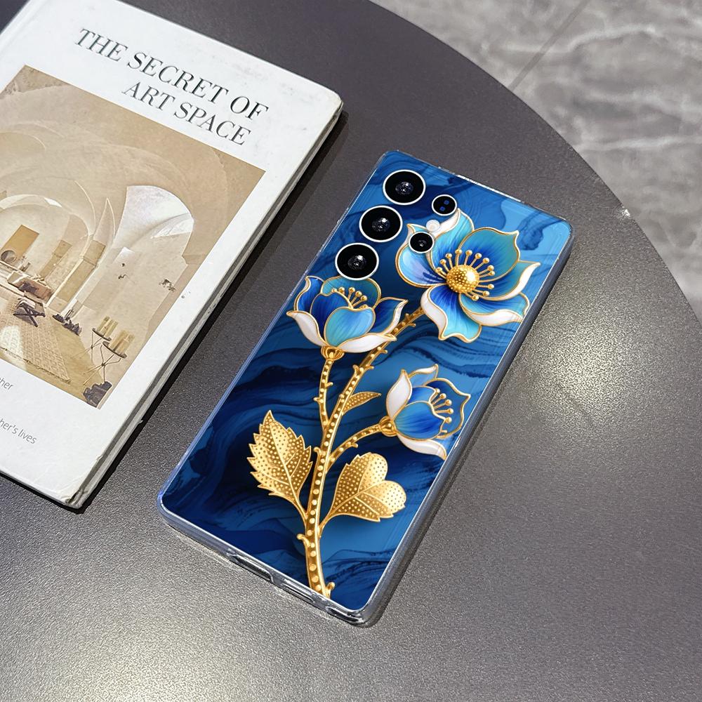 Cyan Enamel Flowers with Gold Case for Samsung Galaxy S26 S25 S24 S23 S22 S21 S20 FE Plus Soft TPU Slim Fit Shockproof Cover