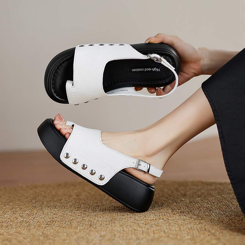 Krazing Pot Horsehair Natural Fur Summer Size 42 European Design Thick Bottom Flat Platform Women Superstar Peep Toe Sandals