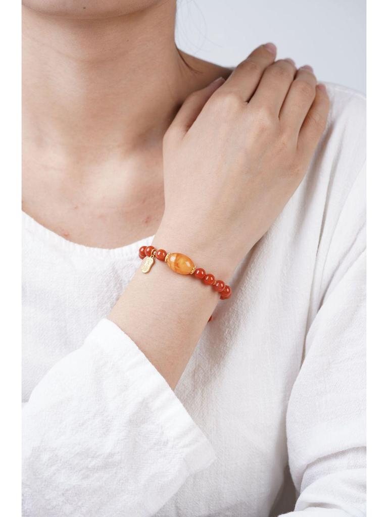 Original Naturlig Isflytande Södra Röd Aget och Honungsbärnstenspärla Damarmband