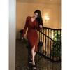 Retro red V-neck knitted dress for women's autumn and winter new medium and long temperament slim and thin hip skirt