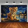 2D Whimsical Tiger Cub by Water Backdrop with Starry Night Lights