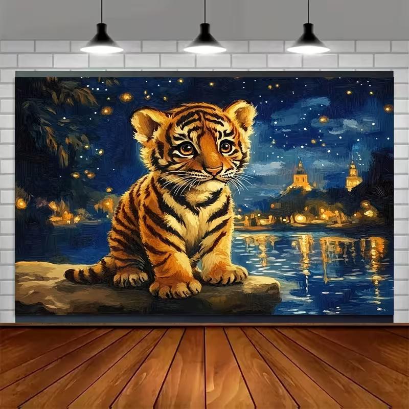 2D Whimsical Tiger Cub by Water Backdrop with Starry Night Lights