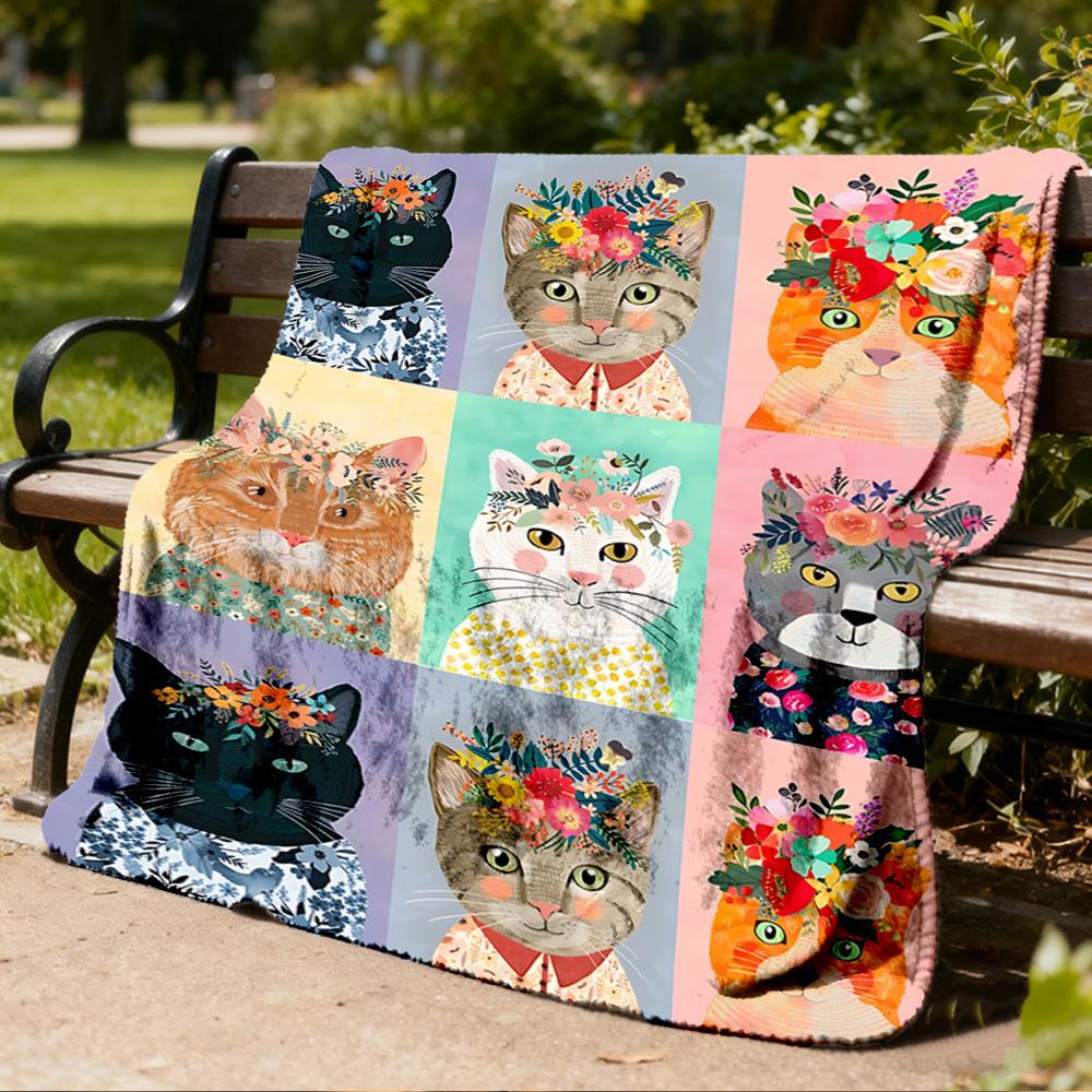 1pc Floral Cat Prints Outdoor Flannel Blanket Soft All Season Polyester Throw , Perfect for Picnics & Travel , Picnic Accessory