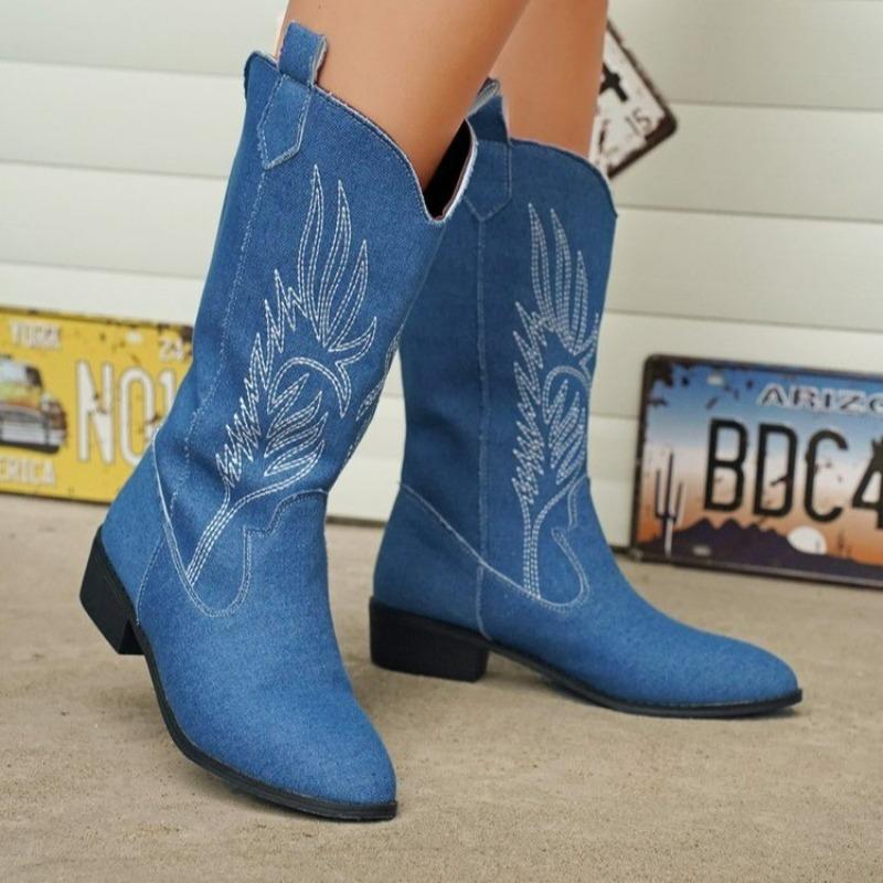 Women s Boots Slip on Mid-calf Boots Pointed Toe Square Heel Cowboy Boots Platform Knight Boot Plus Size Embroidery Long Boot 36 джинсовый