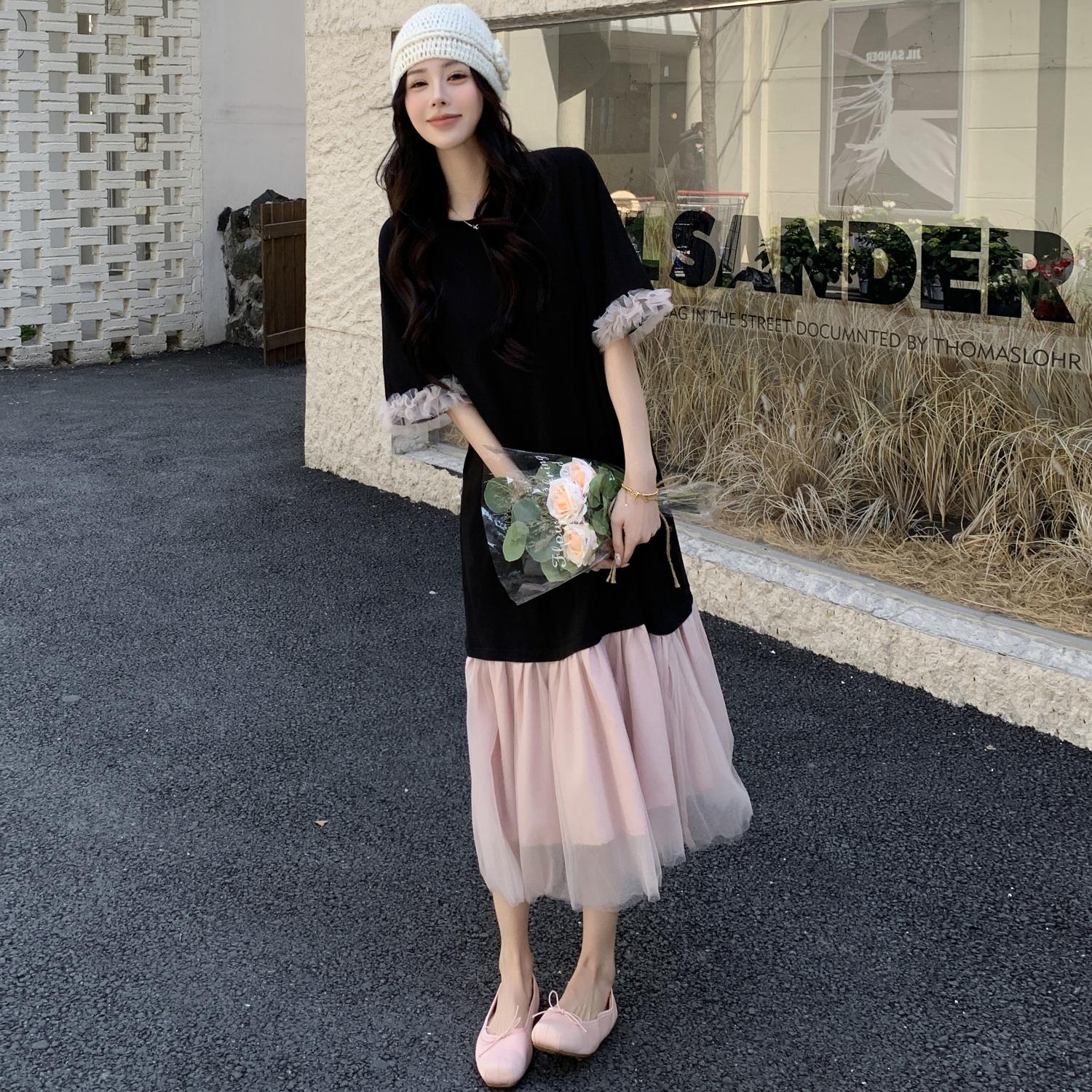 

Dimanaf 2025 Женское летнее длинное платье Винтажное кружевное платье-рубашка с коротким рукавом Базовое повседневное свободное платье больших размеров 3XL чёрный